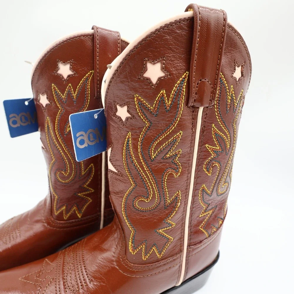 Acme Western Boots Childs 1 D Brown Star Inlay Leather New In Box Vintage Style